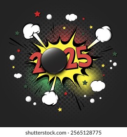 New Year numbers 2025 and hockey puck in pop art style. Comic text on speech bubbles background. Sound effect. Design Pattern for greeting card, banner, vintage comics, poster. Vector illustration