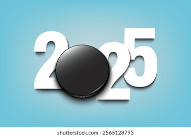 New Year numbers 2025 and hockey puck on an isolated background. Creative design pattern for greeting card, banner, poster, flyer, party invitation, calendar. Vector illustration