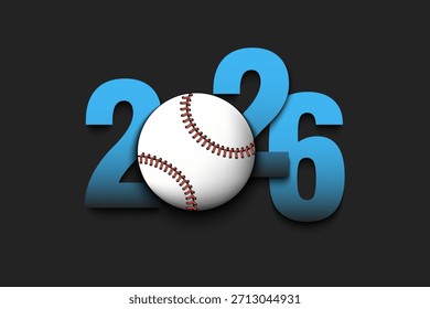 Números de año Nuevo 2026 y pelota de béisbol en un fondo aislado. Patrón creativo del diseño para la tarjeta de felicitación, Anuncio, cartel, volante, invitación del partido, calendario. Ilustración vectorial