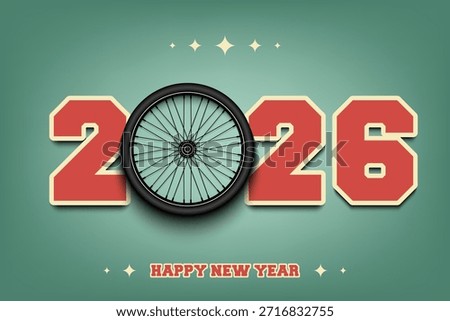 New Year numbers 2026 and wheel bike on an isolated background. Creative design pattern for greeting card, banner, poster, flyer, party invitation, calendar. Vector illustration