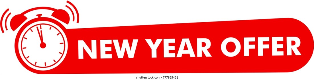 New year offer icon, alarm clock symbol, red countdown sign, flat