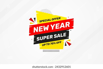 New Year Offer Sale Banner vector template. New Year Discount vector graphic element. Super shop label Promo design. Product opening festival background collection. 