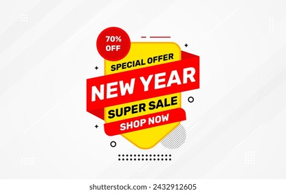 New Year Offer Sale Banner vector template. New Year Discount vector graphic element. Super shop label Promo design. Product opening festival background collection. 