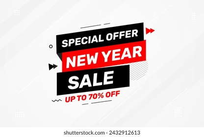 New Year Offer Sale Banner vector template. New Year Discount vector graphic element. Super shop label Promo design. Product opening festival background collection. 