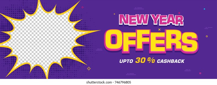 New Year offer social media banner in pop art style with halftone effect.