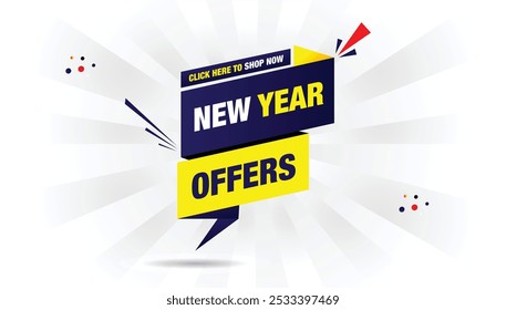 New Year offers 'Click Here to Shop Now' banner template design featuring a light yellow and dark blue gradient with red shapes, perfect for attracting customers during the festive season