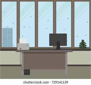 The New Year office on a light gray background. Vector illustration. Table, large windows, printer, computer, Christmas tree with red and blue balls 