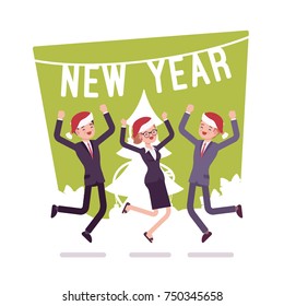 New Year office party. Company employees, partners fun gathering for special occasion, holiday cheer and dances. Vector flat style cartoon illustration isolated on white background