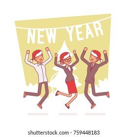 New Year office party. Team of young workers enjoy merrymaking ideas and games, celebrating and dancing, entertaining having good time together. Vector line art business illustration