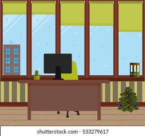 New Year office. Vector illustration. Table, light green chair, folders, cactus in a pot, large Windows, protective blinds, Christmas tree with red and blue balls. Wooden floor. Striped wall. 