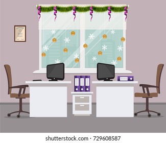 New Year in the office. Workplace for two office workers, decorated with Christmas decoration. There are desks, chairs, computers and other objects in purple color in the picture. Vector image