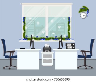 New Year in the office. Workplace for two office workers, decorated with Christmas decoration. There are white desks, blue chairs, computers and other objects in the picture. Vector illustration.