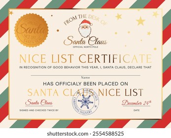 New Year Official Nice List Certificate, Letter From The Desk Of Santa, North Pole Mail With Golden Elements, Official Santa Seal	