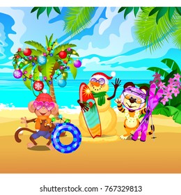 New Year on the beach. Decorated palm tree, exotic animal with Christmas gift. Sample of poster, party holiday invitation, festive banner, card. Idea of stock sale tours. Vector cartoon close-up.