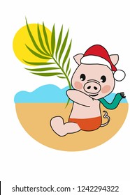 New year on the beach. Pig vector illustration, art, poster, flyer. Tourism on ocean, sea in winter