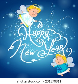 New year on blue background with two angels