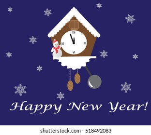 New Year on blue background, clock and snowman