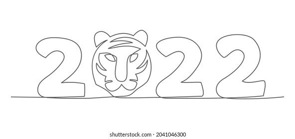 New Year. One line drawing. Christmas illustration with tiger in line style on white background.