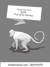 New year origami paper Monkey. 2016 celebration card. Monkey stylized triangle polygonal model. Happy New Year greeting card. 