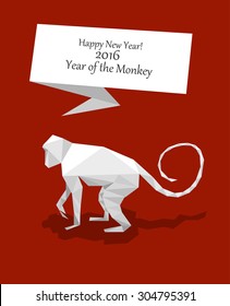 New year origami paper Monkey. 2016 celebration card. Monkey stylized triangle polygonal model. Happy New Year greeting card. 