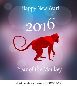 New year origami paper Monkey. 2016 celebration card. Monkey stylized triangle polygonal model. Happy New Year greeting card.