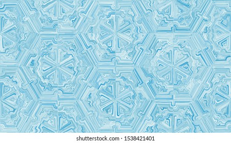 New Year Ornament. Seamless pattern. Snowflakes arranged in a honeycomb structure. Randomly painted elements. 
