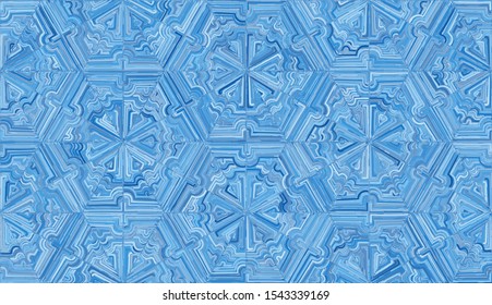 New Year Ornament. Seamless pattern. Snowflakes arranged in a honeycomb structure. Randomly painted elements. 