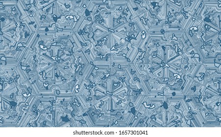 New Year Ornament. Seamless pattern. Snowflakes arranged in a honeycomb structure. Randomly painted elements. 