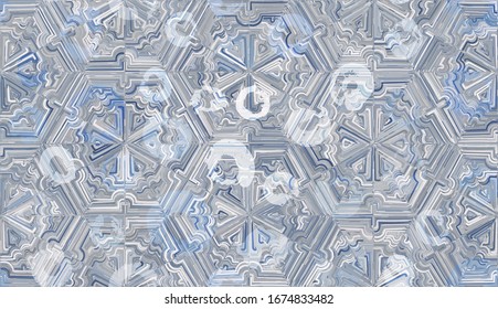 New Year Ornament. Seamless pattern. Snowflakes arranged in a honeycomb structure. Randomly painted elements. 