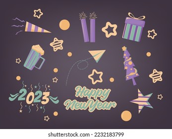 new year ornaments, suitable for design decoration. vector of trumpet , ball, Christmas tree, gift box, beer, dynamite, stars.