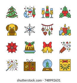 New Year outline icon set with color fill Christmas 
linear symbol pack editable stroke Line simple sign Dog, bell, tree, firework, garland, candle, snow ball, holly, gift Isolated vector illustration