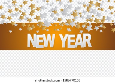 New Year overlay decoration for advertisement or website design. Scattered gold and silver stars. Winter holiday concept. Vecor illustration.