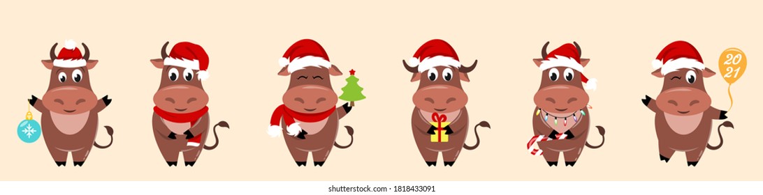 New Year Of Ox. Bull Cartoon Character In Santa Hat, Set Funny Animals