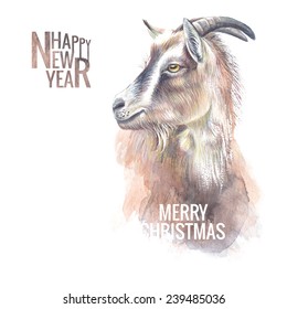 New year painting goat with horns, hand-drawing, the new year symbol of 2015. Vector illustration.