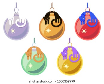 New Year pale lilac, orange, red, green, yellow balls with white, black, blue, ginger, mauve cats. Illustration flat isolated on white background.