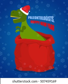 New year Paleontologists . Dinosaur T- rex in red sack Santa Claus. Tyrannosaurus congratulates on Christmas. Prehistoric predator. Big bag with gifts
