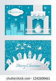 New Year paper cut greeting card with houses and Xmas trees Santa and reindeer in sky. Backdrop with fireplace and wrapped gift boxes, vector