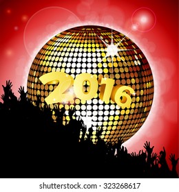 New Year Party 2016 with Crowd and Disco Ball Over Red Glowing Background