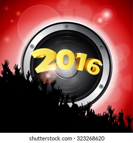 New Year Party 2016 with Crowd and Speaker Over Red Glowing Background