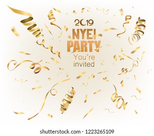 New year party  2019 invitation card with levitating golden confetti and serpentine. Vector illustration