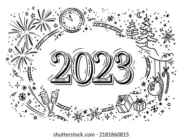 New year party 2023 doodle elements in white background. Horizontal chalkboard Vector illustration