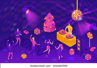 New year party 3d isometric illustration, dj playing club disco music, people dancing, christmas tree, present, holiday poster, night winter event vector concept, violet, yellow, pink colors