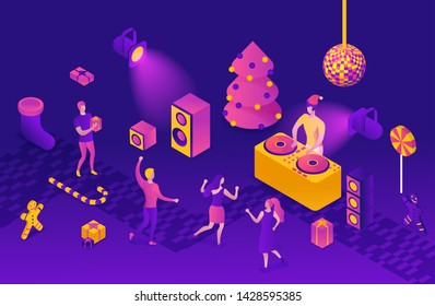 New year party 3d isometric illustration, dj playing club disco music, people dancing, christmas tree, present, holiday poster, night winter event vector concept, violet, yellow, pink colors