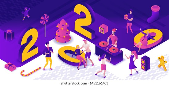 New year party 3d isometric illustration, dj playing club disco music, people dancing, christmas tree, present, holiday poster, night winter event vector concept, violet, yellow, pink colors