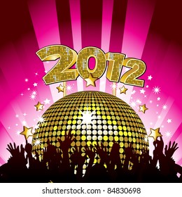 New Year party background with crowd cheering in front of gold disco ball and 2012 sign