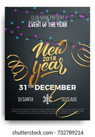 New Year party. Background of New Year lettering, christmas lights and curly gold gift ribbons. New Year 2018 realistic background