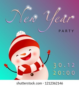 New Year party blue gradient invitation design. Inscription with cartoon character of snowman on blue gradient background. Can be used for parties, invitations, posters