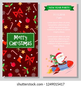 New Year party booklet design with Santa Claus. Postcard with Santa Claus sitting in rocket. Can be used for festive programs, party, invitations