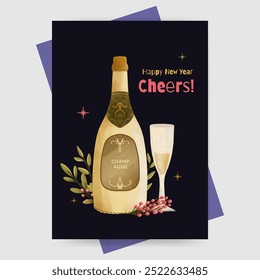New year party Card with champagne bottle illustration. Design for greeting card, poster, poster, invitation.