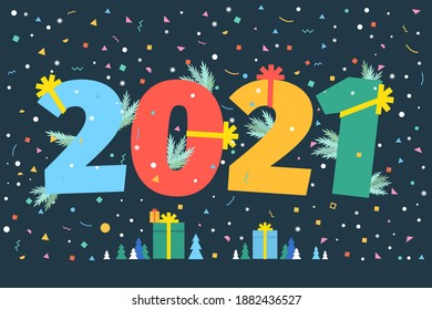 New Year party card. Numbers 2021 on dark background. Flat design, vector illustration.